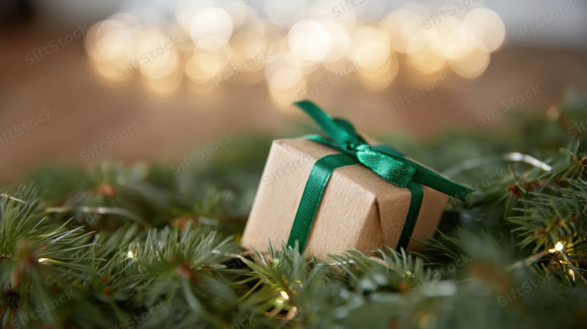 Small gift wrapped in kraft paper with green ribbon nestled among pine branches and warm bokeh lights