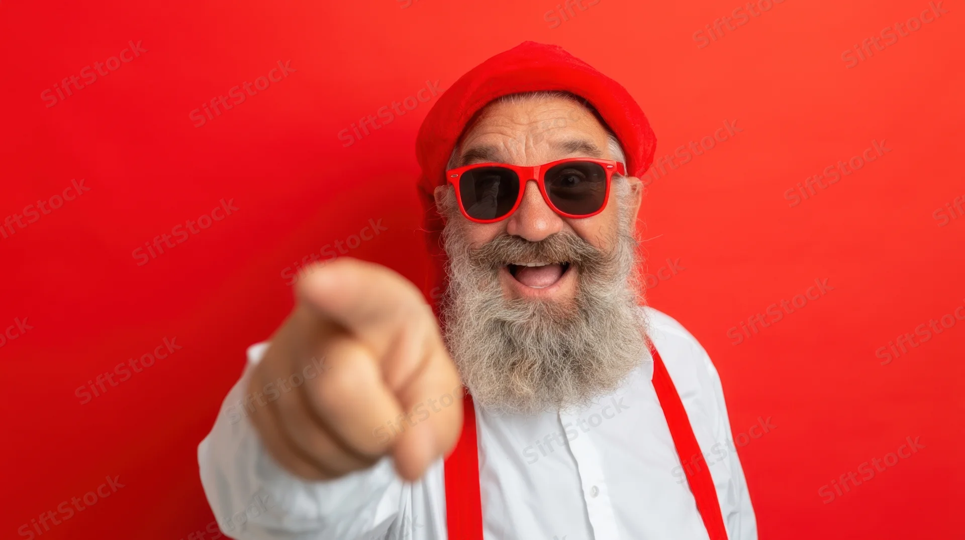 Bearded man in red sunglasses and hat pointing at camera against red background