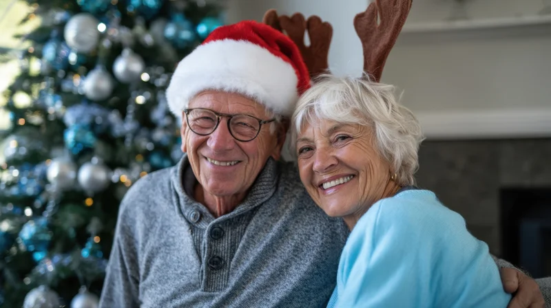 Elderly couple smiling together in festive holiday attire near a decorated christmas tree in a cozy living room