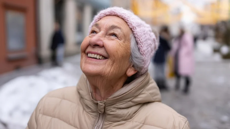 Elderly woman smiling outdoors in winter city street wearing pink knitted hat and beige puffer coat
