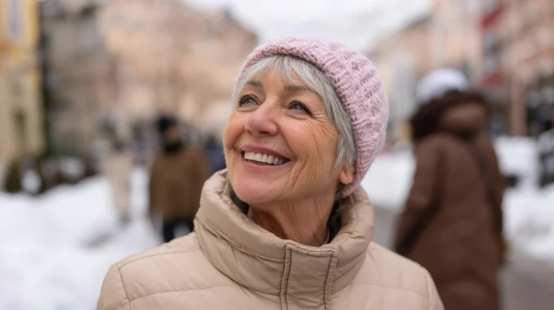 Smiling senior woman in pink beanie and beige coat outdoors in snowy city street
