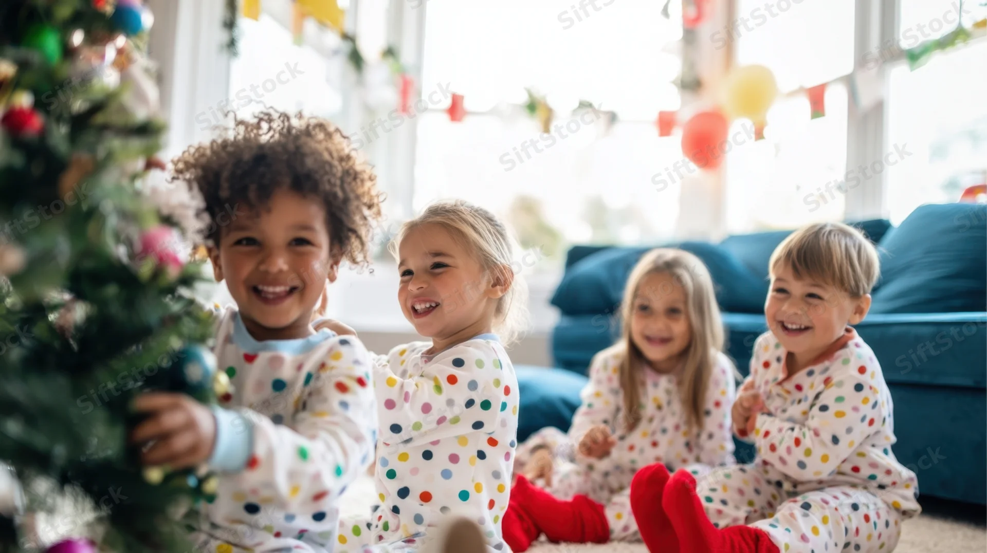 Four children in polka dot pajamas smiling while decorating a christmas tree in a living room