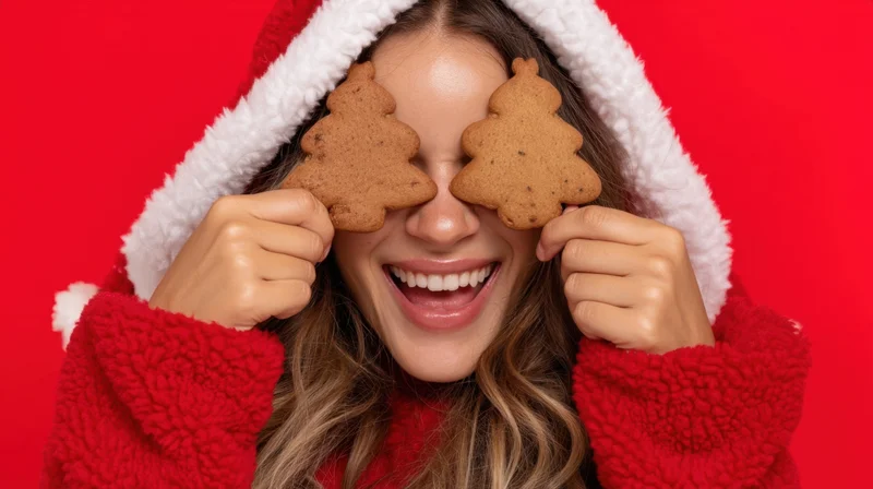Woman in santa hat holding gingerbread cookies over eyes, smiling against red background