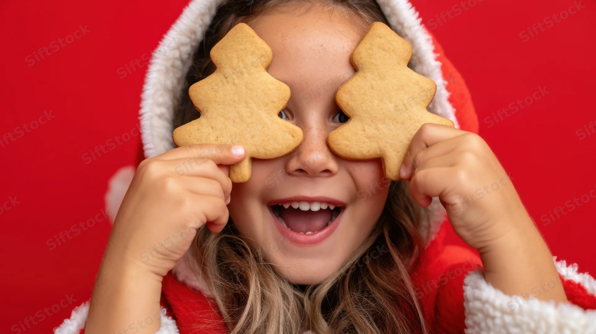 Girl in santa costume holding gingerbread tree cookies over eyes against red background