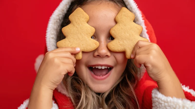 Girl in santa costume holding gingerbread tree cookies over eyes against red background