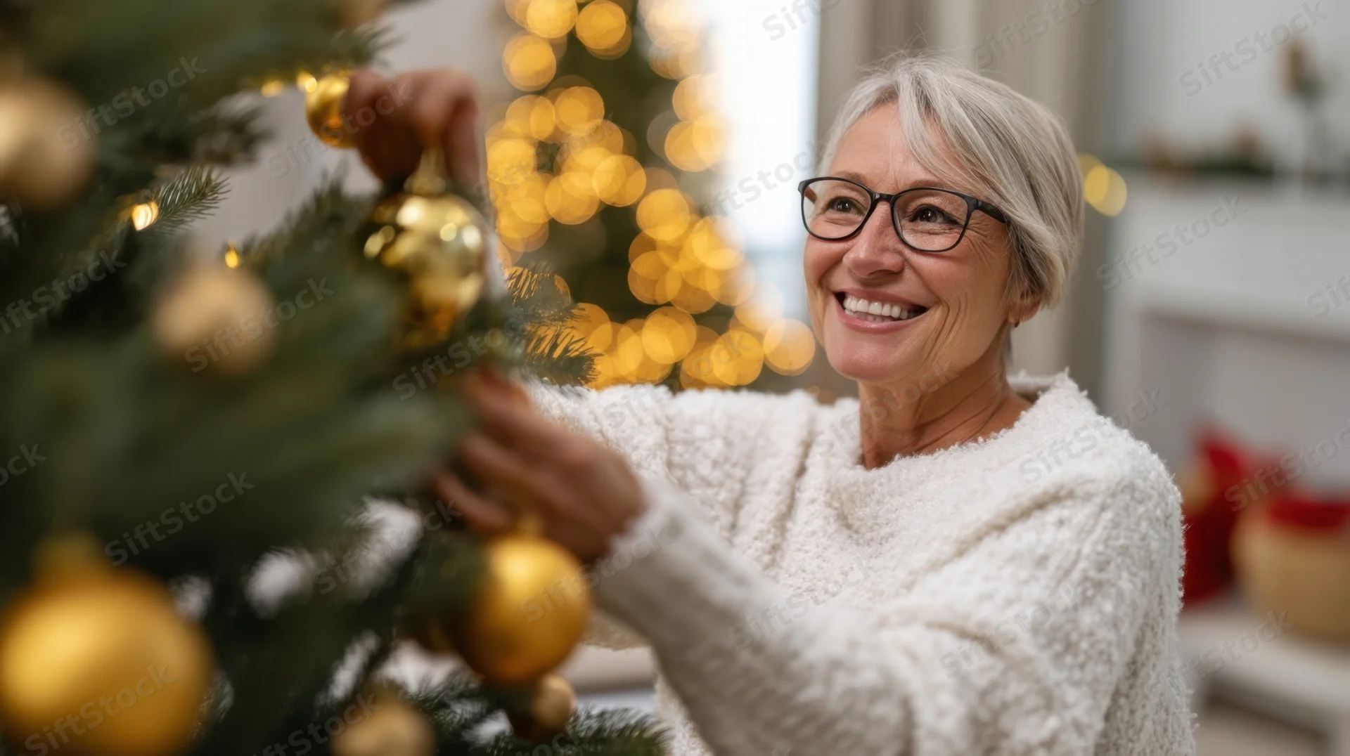 Senior woman smiling while decorating a christmas tree with gold ornaments in a cozy home interior