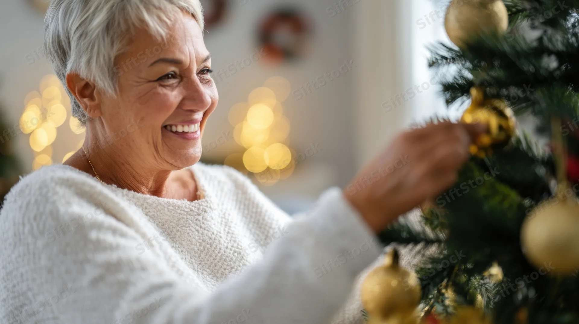 Senior woman smiling while decorating a christmas tree with golden ornaments in a cozy home interior