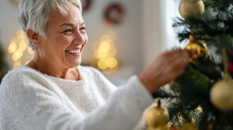 Senior woman smiling while decorating a christmas tree with golden ornaments in a cozy home interior