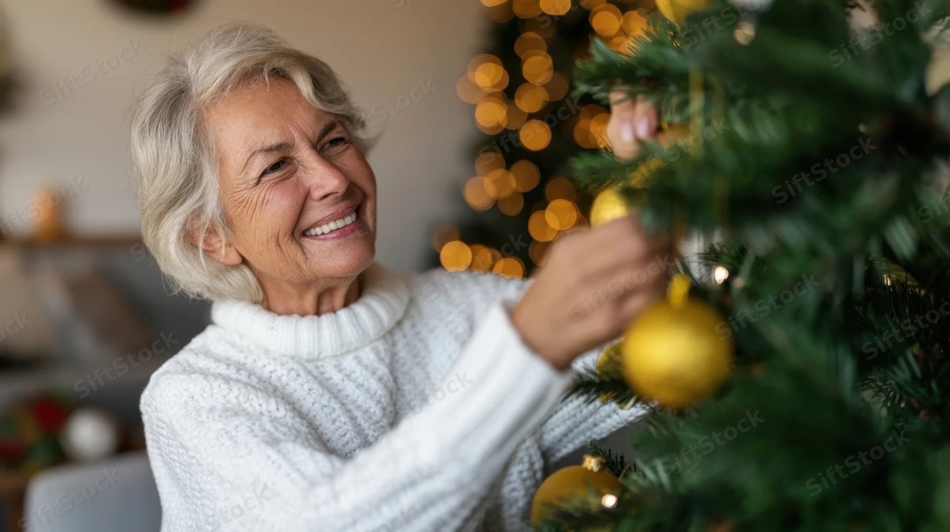 Senior woman smiling while decorating christmas tree with golden ornaments in living room