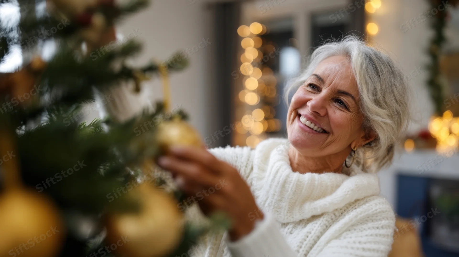 Senior woman smiling while decorating a christmas tree with gold ornaments in a cozy home interior