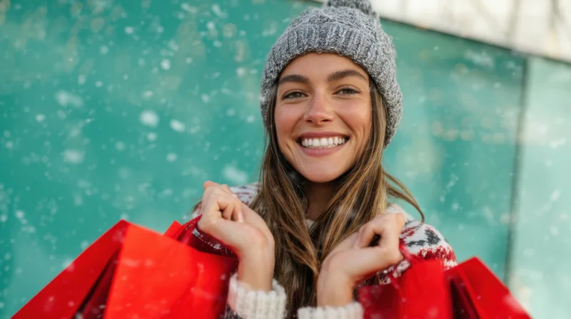 Smiling woman holding red shopping bags in snow during holiday season