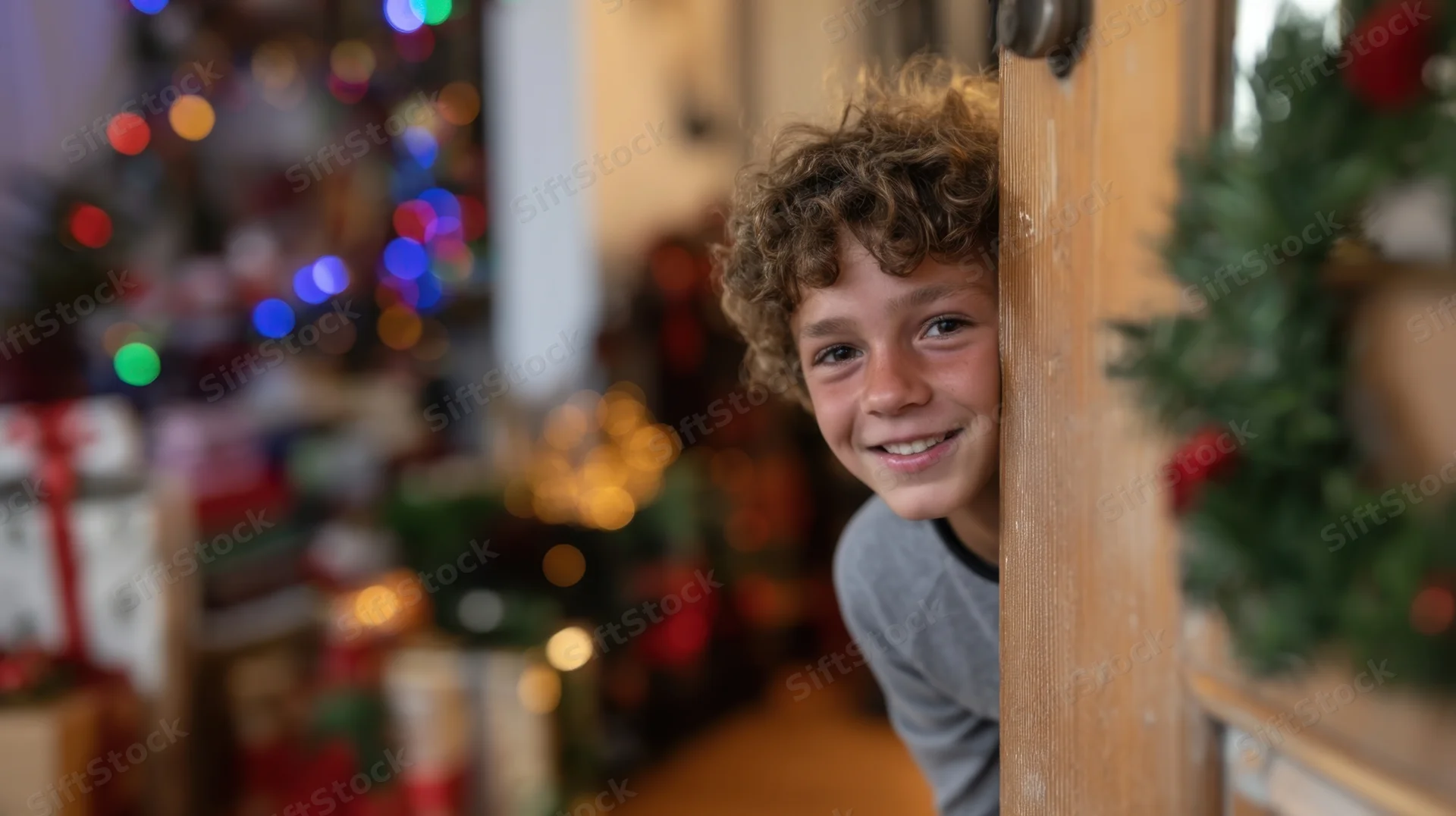 Young boy peeking through a wooden door frame with christmas decorations and lights in the background
