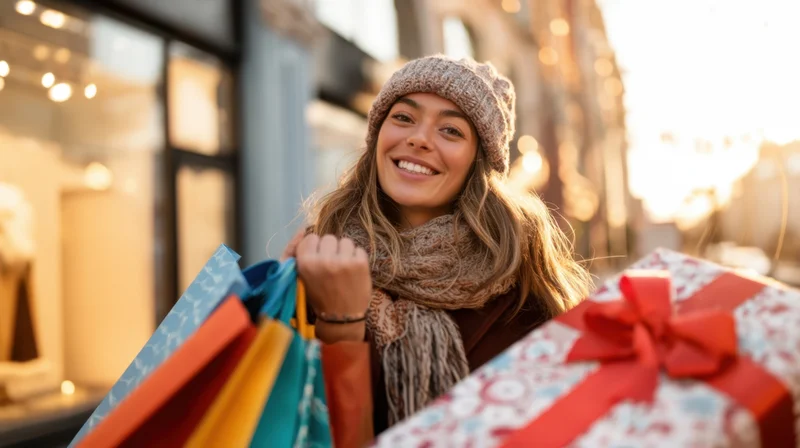 Cheerful young woman holding shopping bags and a wrapped gift on a city street during the holiday season