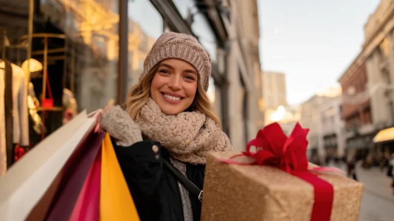 Cheerful young woman smiling while holding shopping bags and a wrapped gift on a city street during the holiday season