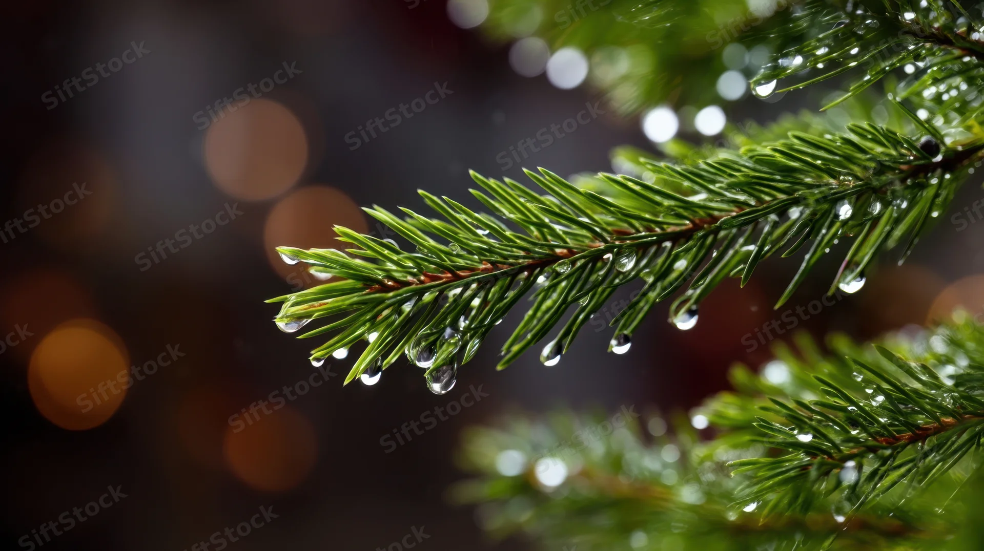 Pine branch with water droplets against blurred warm lights