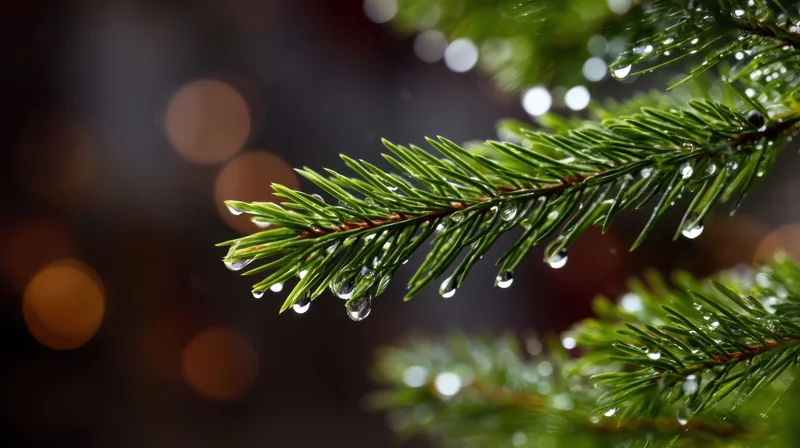 Pine branch with water droplets against blurred warm lights