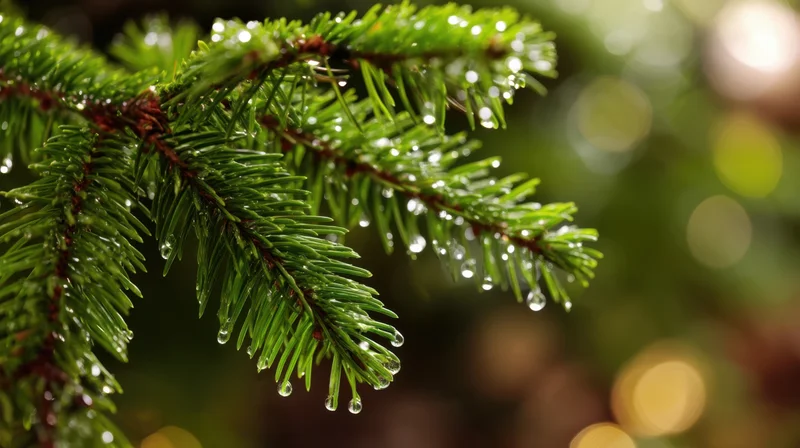 Close-up of pine branch with water droplets glistening in sunlight against blurred green foliage
