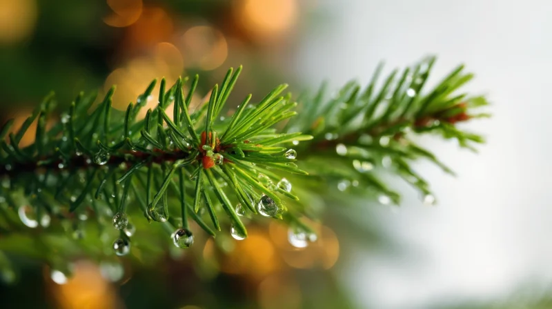 Pine branch with water droplets against blurred holiday lights