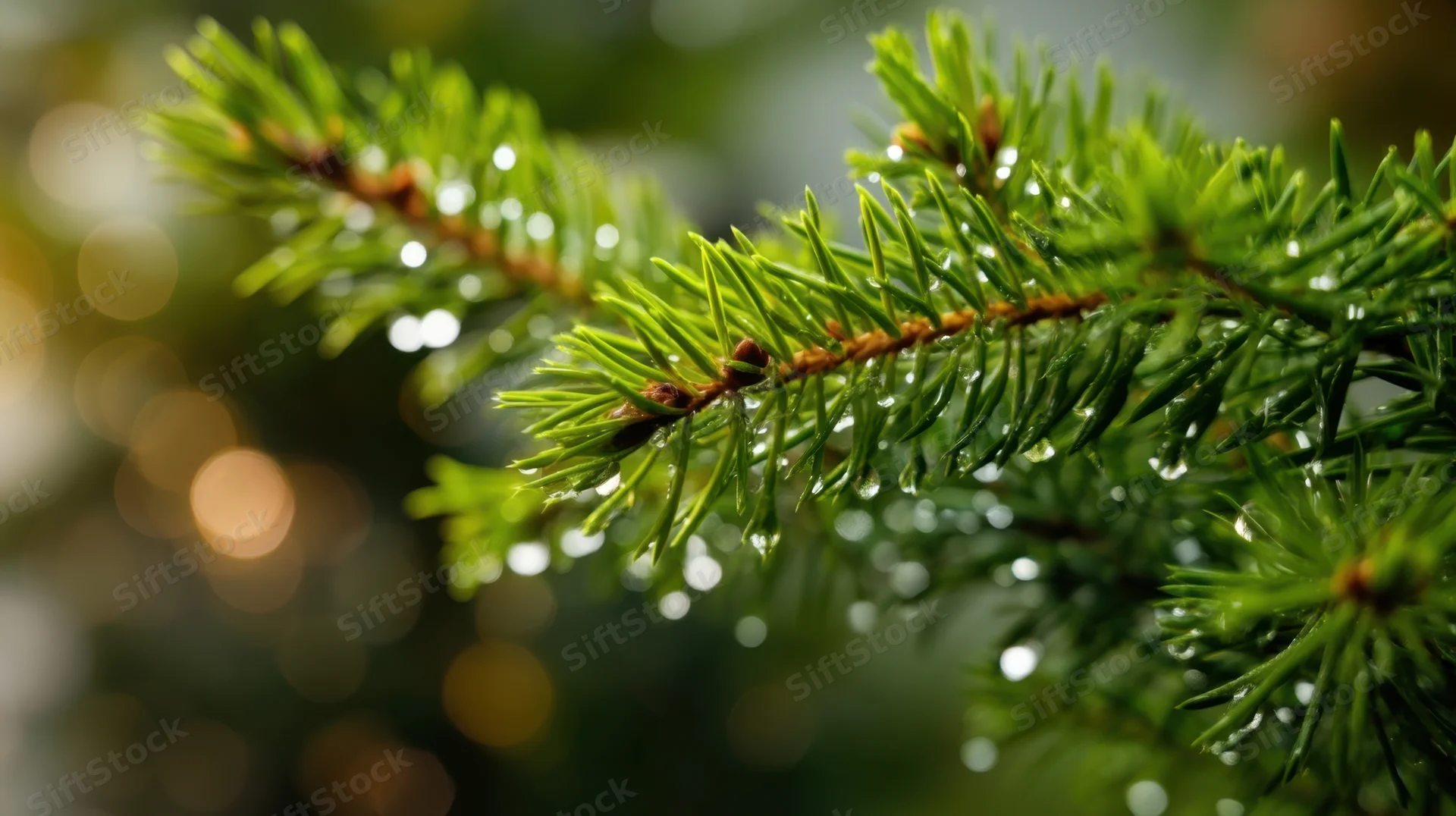 Close-up of pine branch with water droplets against blurred bokeh background