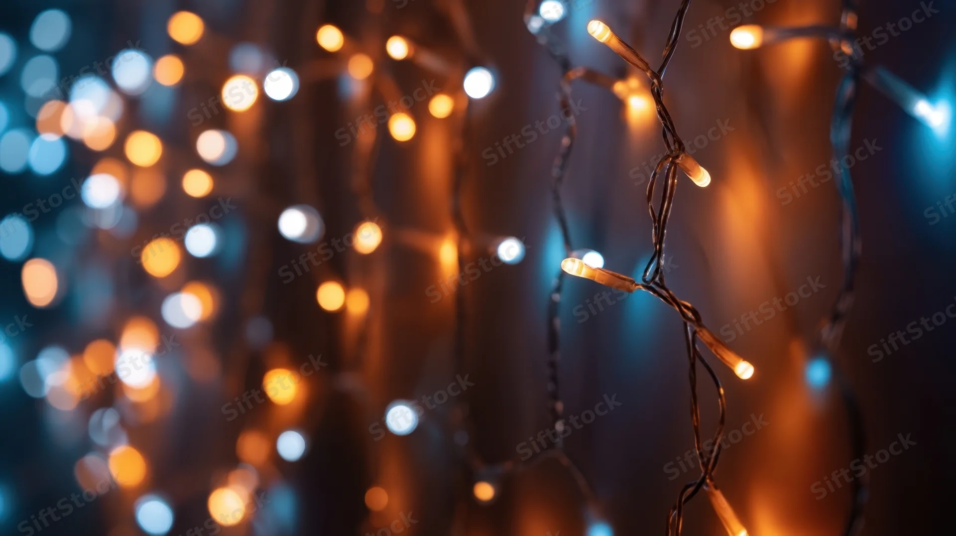 Close-up of colorful christmas fairy lights hanging on a dark wall with bokeh background