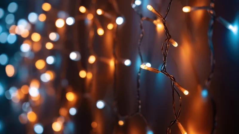 Close-up of colorful christmas fairy lights hanging on a dark wall with bokeh background
