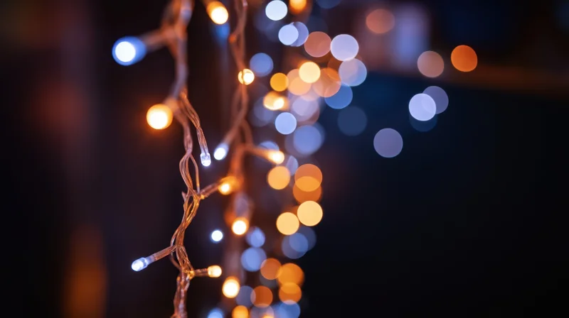 Close-up of colorful christmas fairy lights hanging with blurred bokeh background