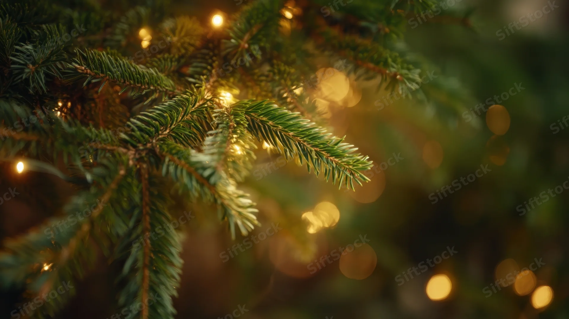 Close-up of evergreen tree branches with warm glowing lights in soft focus