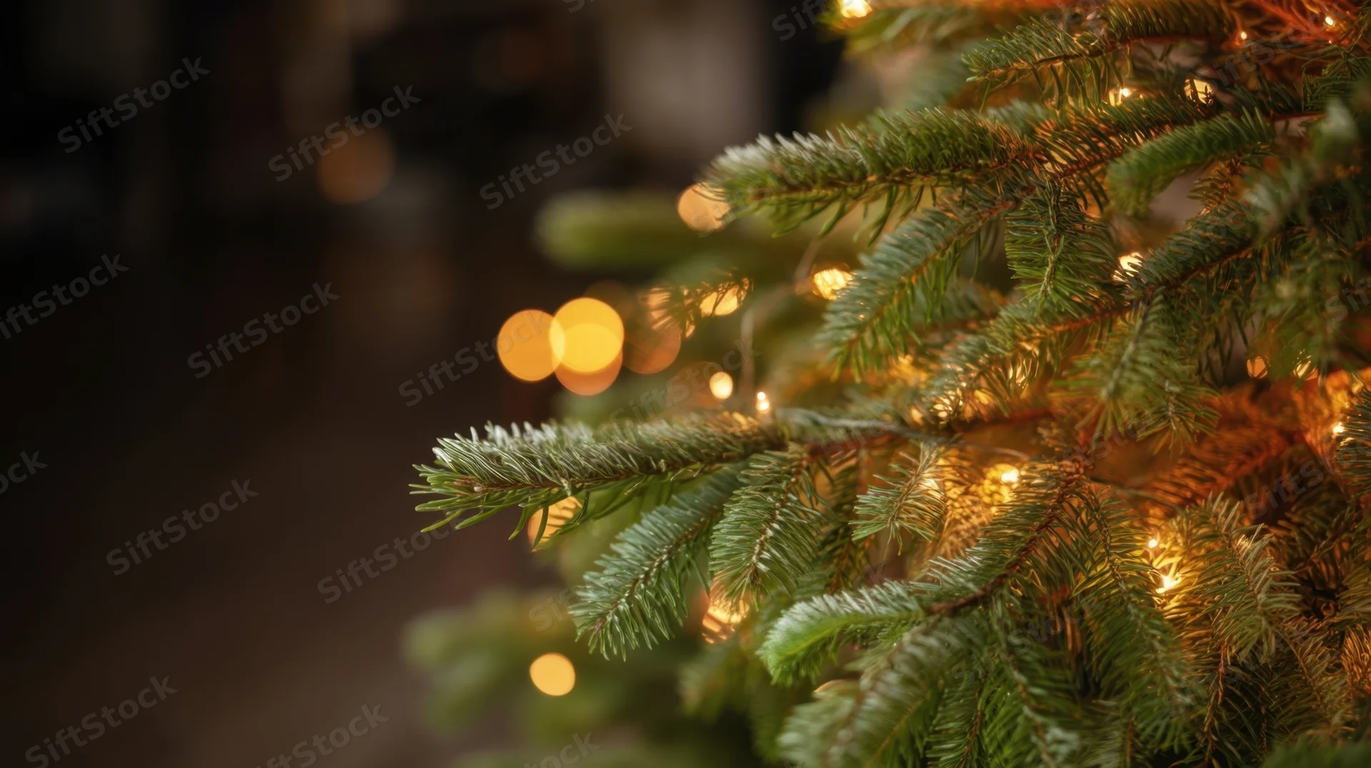 Close-up of evergreen tree branches with warm lights and bokeh background