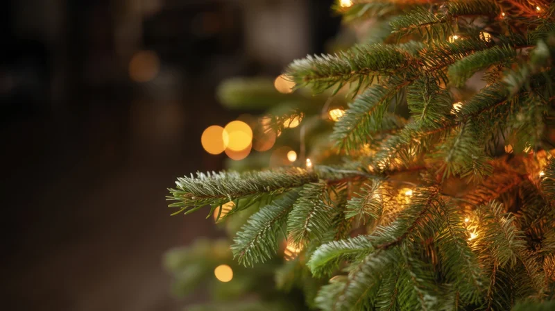 Close-up of evergreen tree branches with warm lights and bokeh background
