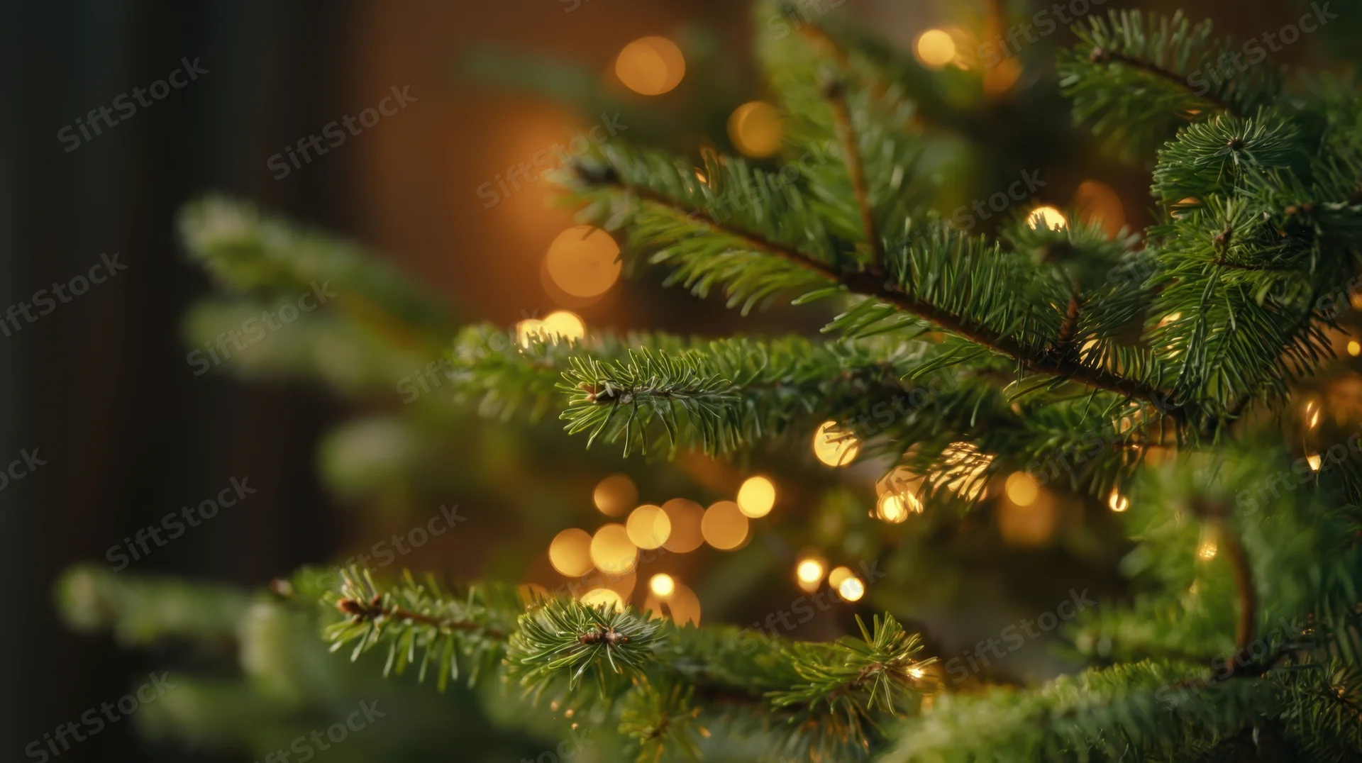 Close-up of evergreen tree branches with warm glowing lights in the background