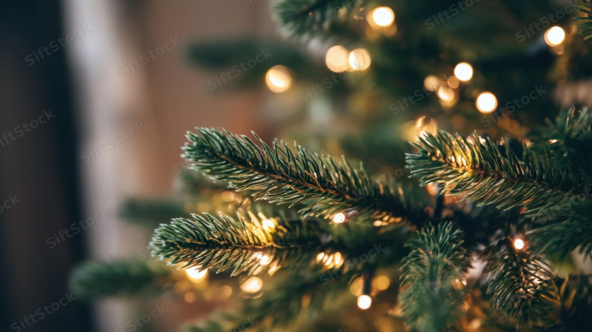 Close-up of pine tree branches with warm white lights glowing softly in a festive indoor setting