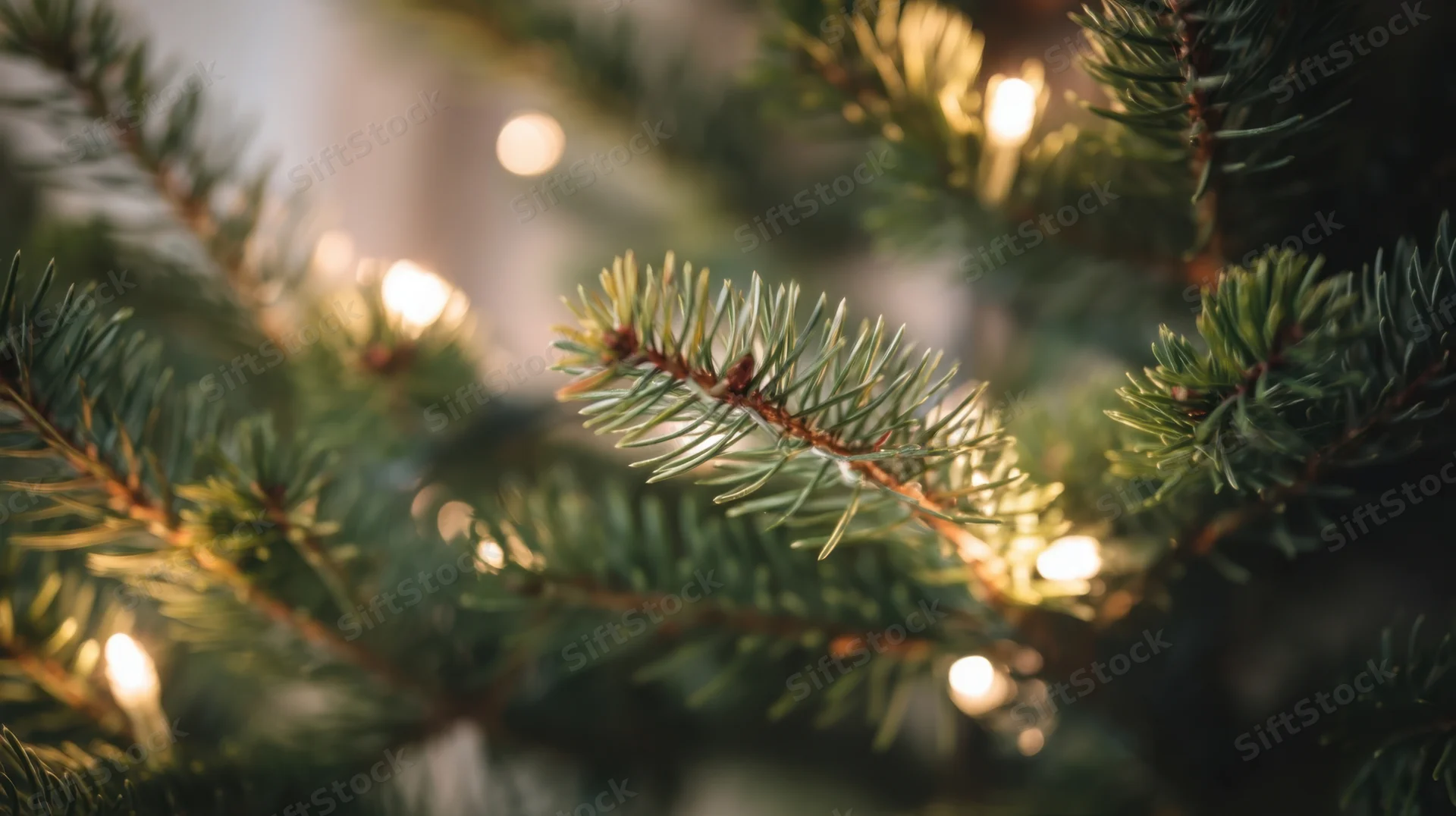Close-up of pine tree branches with warm white lights glowing softly in a festive indoor setting