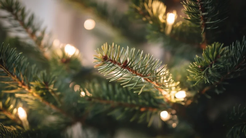Close-up of pine tree branches with warm white lights glowing softly in a festive indoor setting