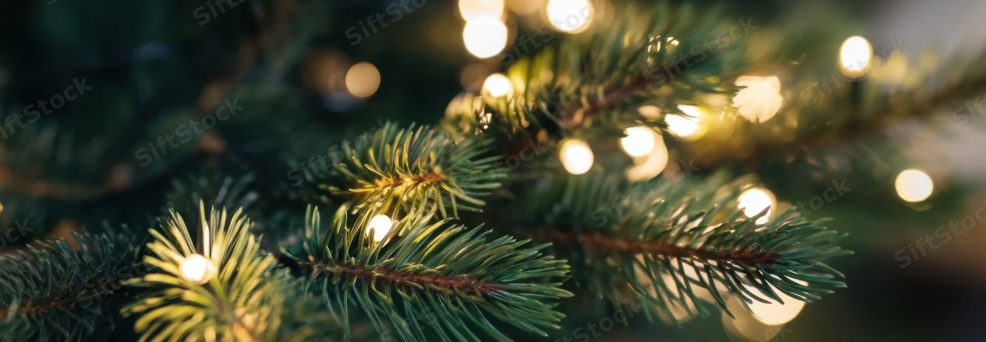 Close-up of pine tree branches with warm white lights glowing softly in the background