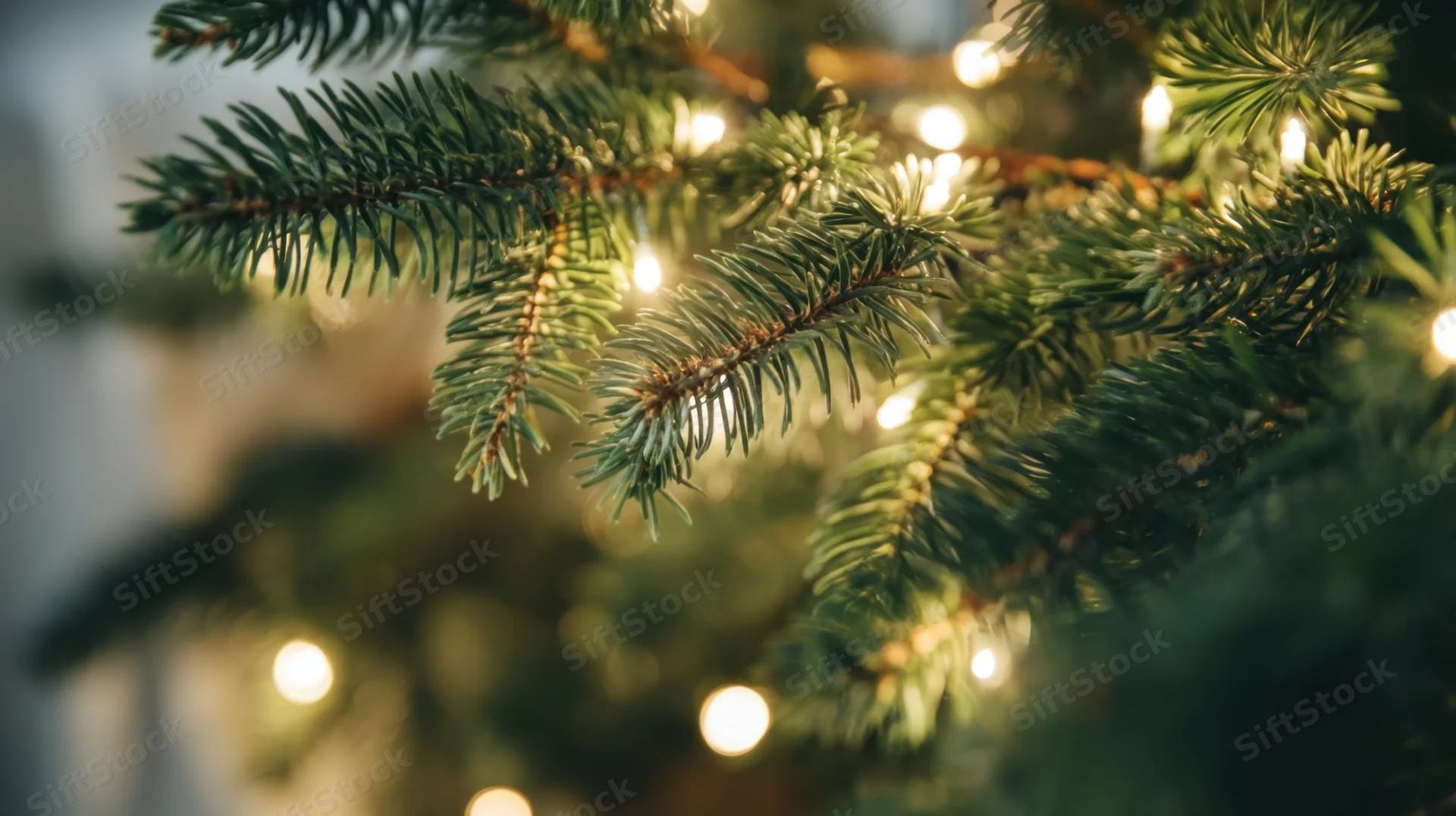 Close-up of pine tree branches with warm white lights in a festive indoor setting