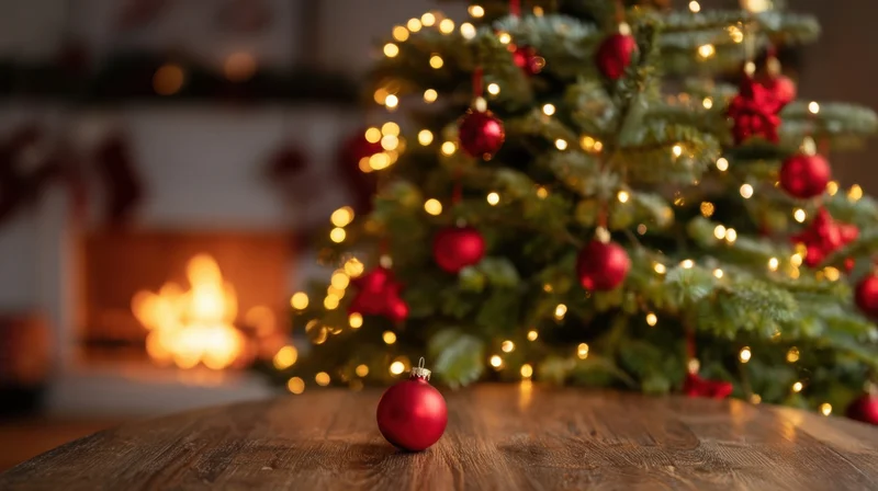 Red ornament on wooden table in front of decorated christmas tree with fireplace in background