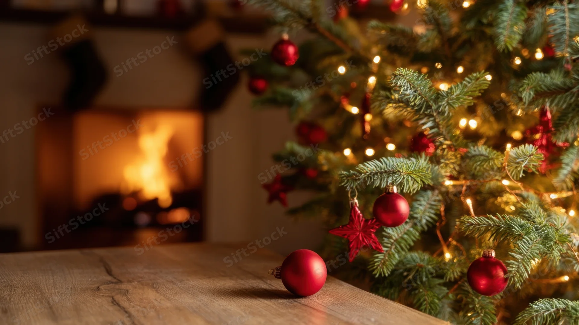 Decorated christmas tree with red ornaments and string lights beside a lit fireplace in a cozy living room