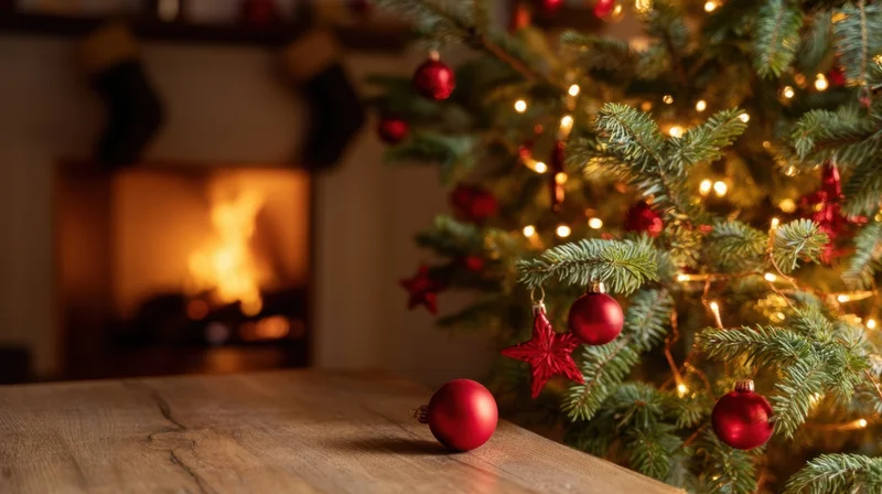 Decorated christmas tree with red ornaments and string lights beside a lit fireplace in a cozy living room