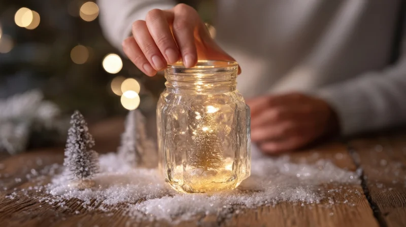 Hands placing a glowing jar on a snowy wooden table with miniature trees and holiday lights in the background