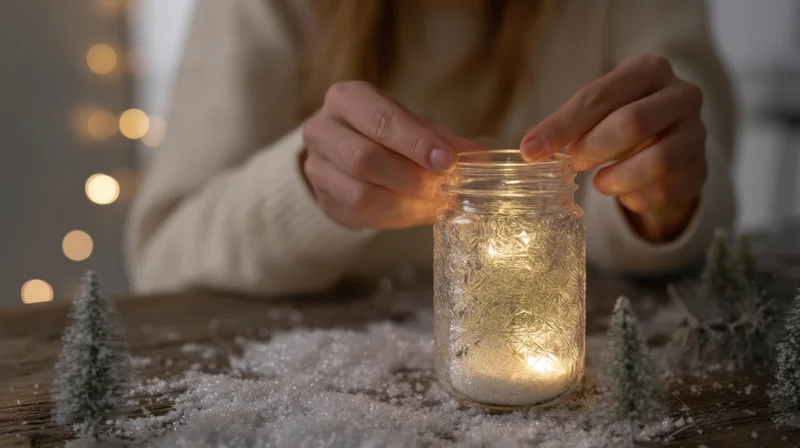 Woman placing a lit candle in a glass jar on a snowy table with miniature trees and holiday lights in the background