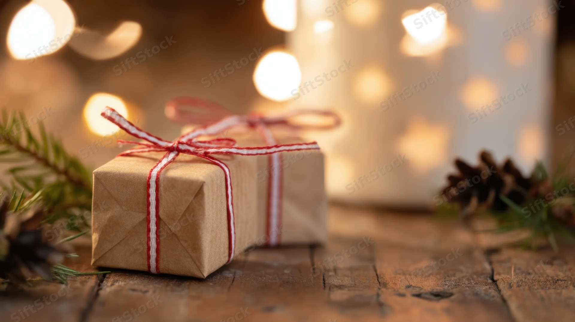 Small gift wrapped in brown paper with red and white ribbon on wooden table surrounded by pine branches and pinecones with warm bokeh lights in background