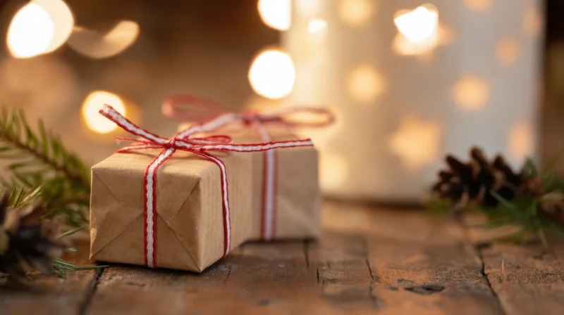 Small gift wrapped in brown paper with red and white ribbon on wooden table surrounded by pine branches and pinecones with warm bokeh lights in background
