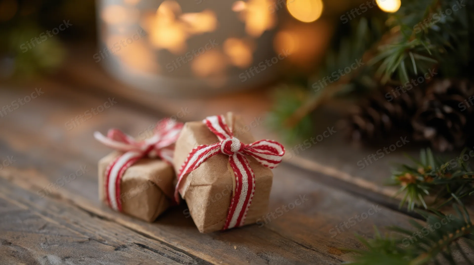 Two small gifts wrapped in brown paper with red and white ribbons on a wooden table surrounded by pine branches and soft holiday lights