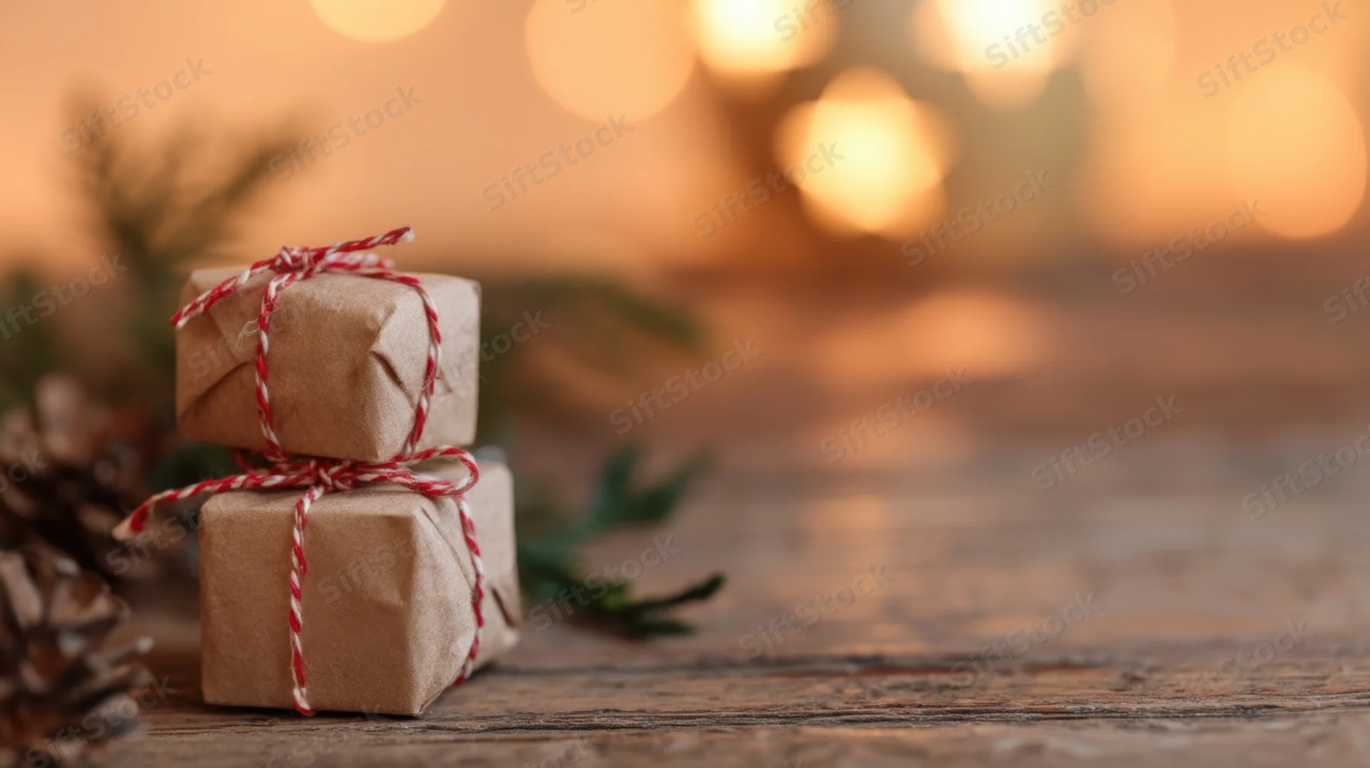 Two small gifts wrapped in brown paper with red and white twine stacked on a wooden table beside pinecones and evergreen sprigs with warm bokeh lights in the background