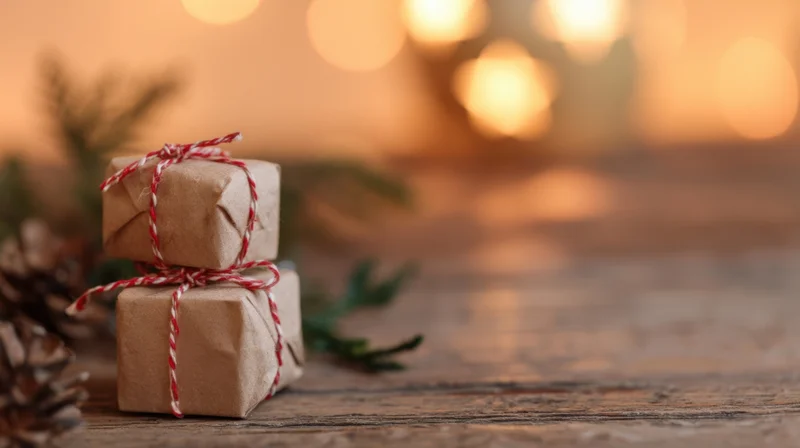 Two small gifts wrapped in brown paper with red and white twine stacked on a wooden table beside pinecones and evergreen sprigs with warm bokeh lights in the background