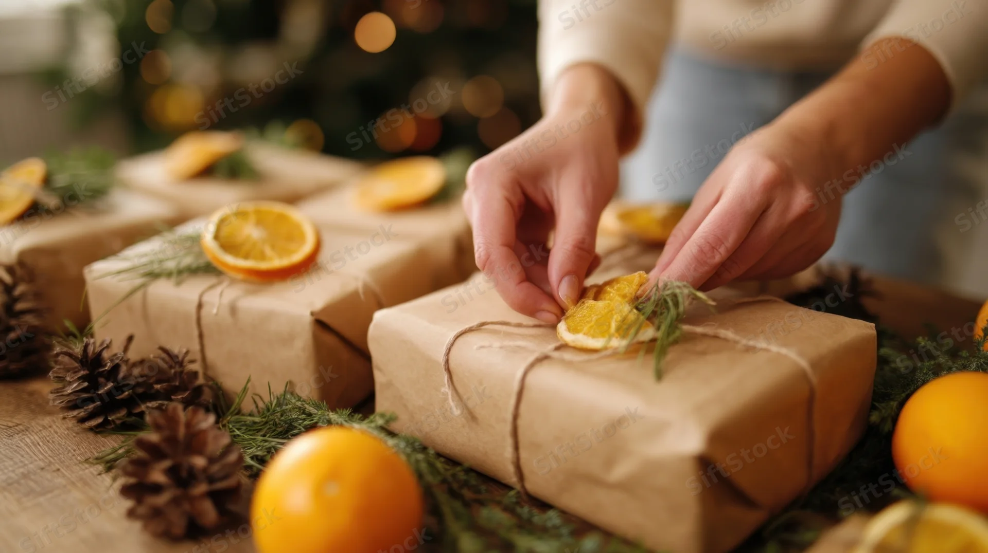 Woman placing dried orange slice and rosemary on kraft paper wrapped gift on wooden table with pinecones and evergreen sprigs around
