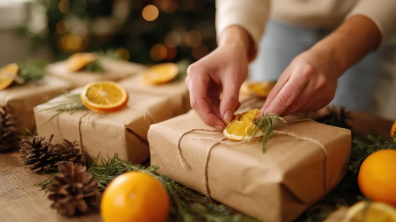 Woman placing dried orange slice and rosemary on kraft paper wrapped gift on wooden table with pinecones and evergreen sprigs around