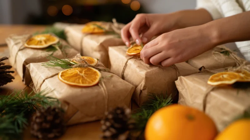 Woman arranging wrapped gifts with dried oranges and pine sprigs on a wooden table