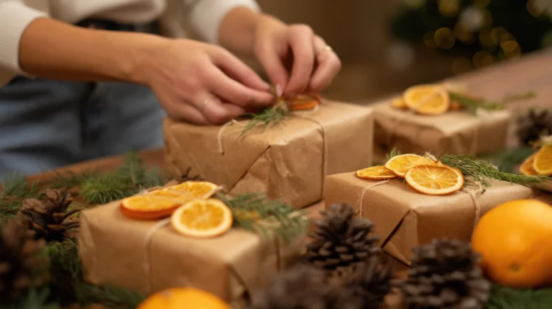 Woman wrapping gifts with dried oranges and pinecones on a wooden table
