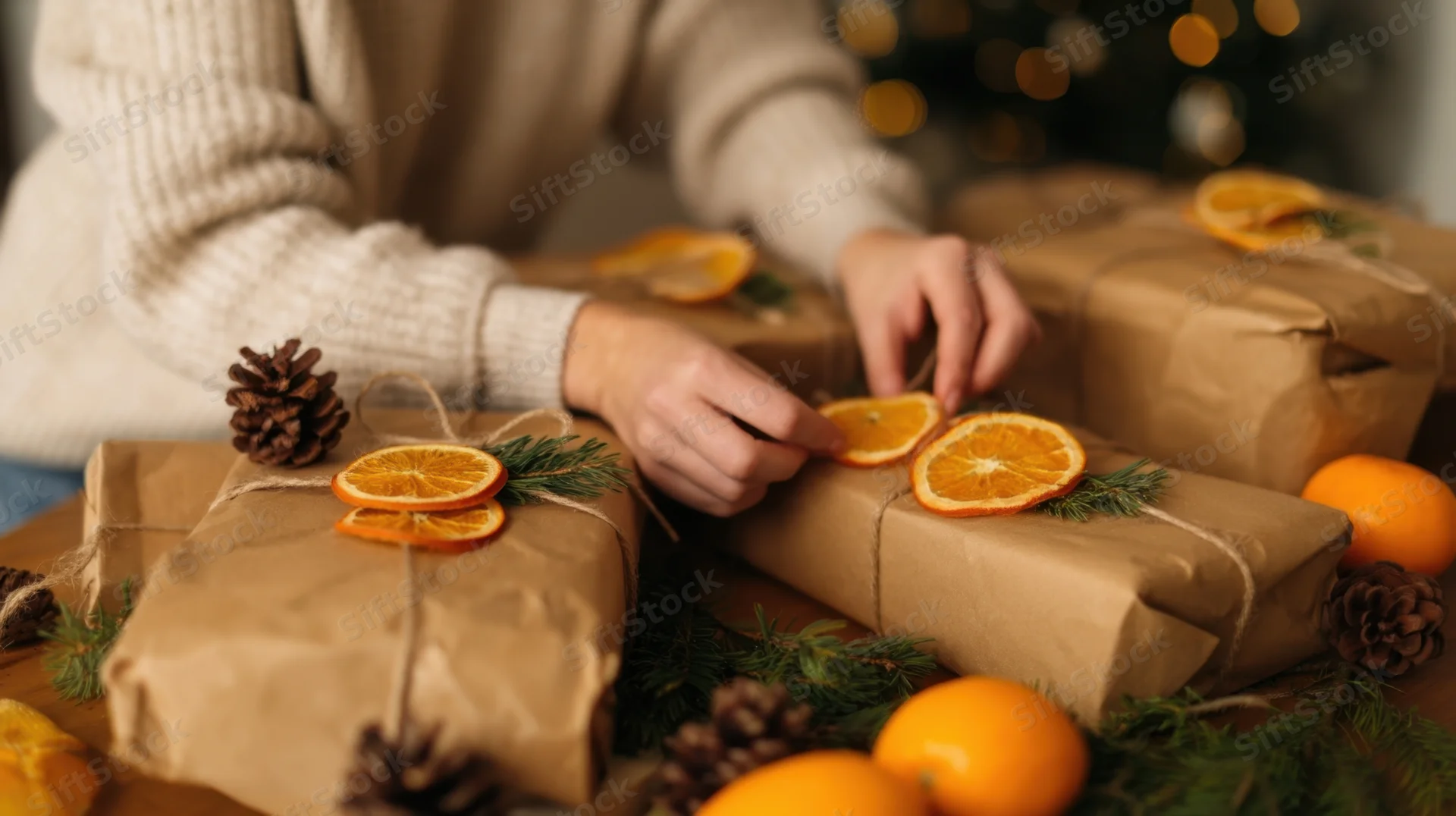 Woman wrapping gifts with dried oranges and pinecones on a wooden table near a christmas tree